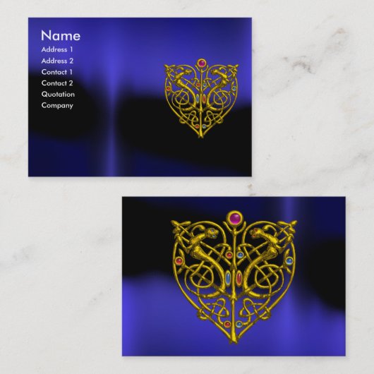 HYPER VALENTIJN, GOLD CELTIC KNOT HEART JEWEL Blue Visitekaartje (Voorkant / Achterkant)