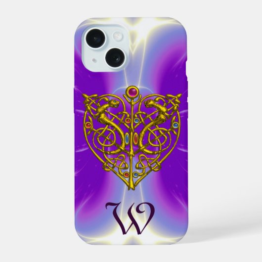 HYPER VALENTINE GOUD KELTISCHE HART MONOGRAM Paars iPhone 15 Case (Achterkant)