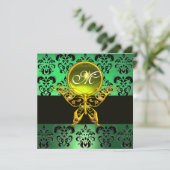 HYPER VLINDER MONOGRAAM, groene damast, gele edels Kaart (Staand voorkant)