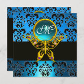 HYPER VLINDER MONOGRAM,blauw damast,aquamarijn Kaart (Voorkant / Achterkant)