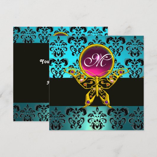 HYPER VLINDER MONOGRAM,blauw damast roze turquoise Kaart (Voorkant / Achterkant)
