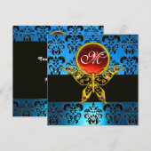 HYPER VLINDER MONOGRAM, blauwe damast, rode robijn Kaart (Voorkant / Achterkant)