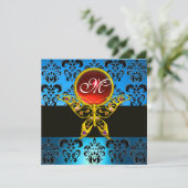HYPER VLINDER MONOGRAM, blauwe damast, rode robijn Kaart (Staand voorkant)