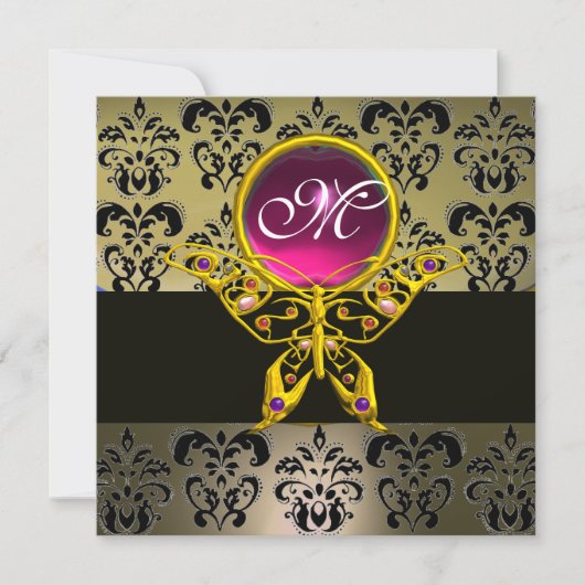 HYPER VLINDER MONOGRAM, grijs damast roze robijnro Kaart (Voorkant)