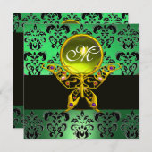 HYPER VLINDER MONOGRAM, groene damast, gele edelst Kaart (Voorkant / Achterkant)