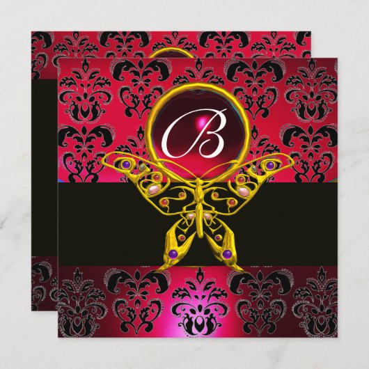 HYPER VLINDER MONOGRAM Rode Bourgogne Damast Edle  Kaart (Voorkant / Achterkant)