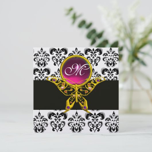 HYPER VLINDER MONOGRAM, zwart wit damast, roze Kaart (Staand voorkant)