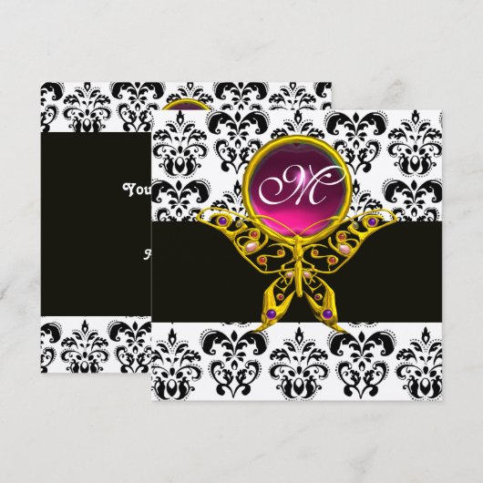 HYPER VLINDER MONOGRAM, zwart wit damast, roze Kaart (Voorkant / Achterkant)