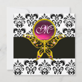 HYPER VLINDER MONOGRAM, zwart wit damast, roze Kaart