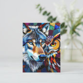 Hyperrealistische mozaïek van wolf en uil briefkaart (Staand voorkant)