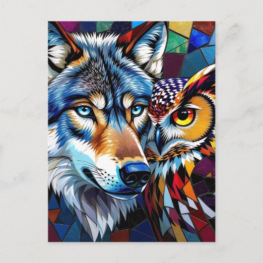 Hyperrealistische mozaïek van wolf en uil briefkaart (Voorkant)