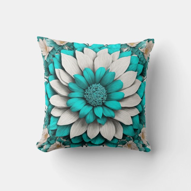 Hyperrealistische turquoise bloem met omringende kussen (Voorkant)