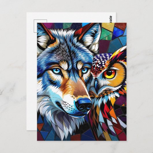 Hyperreaslistic Wolf and Owl Mosaic Briefkaart (Voorkant / Achterkant)