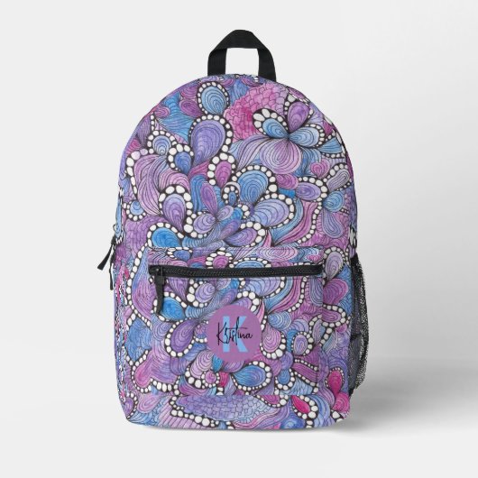 Hypnotische Hand-Drawn Paarse Organische Swirls en Bedrukte Rugzak (Voorkant)