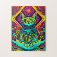 Hypnotische illustratie van een kleurrijke kat