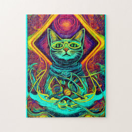 Hypnotische illustratie van een kleurrijke kat legpuzzel