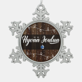 Hyvää joulua Fins Vrolijk kerstfeest, rustieke sti Tin Sneeuwvlok Ornament