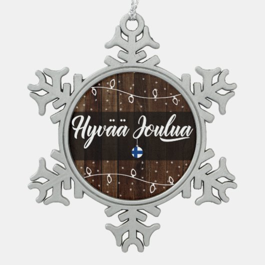 Hyvää joulua Fins Vrolijk kerstfeest, rustieke sti Tin Sneeuwvlok Ornament (Voorkant)