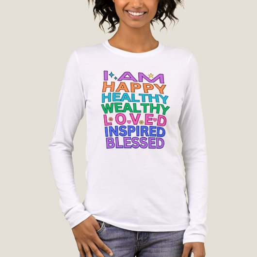 I Am Affirmations T-shirt met lange mouwen – Rainb (Voorkant volledig)