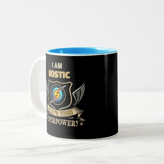 I Am BOSTIC What's Your Superpower Tweekleurige Koffiemok (Voorkant links)