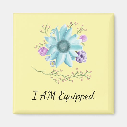 I Am Uitgerust magneet op gele achtergrond (Voorkant)