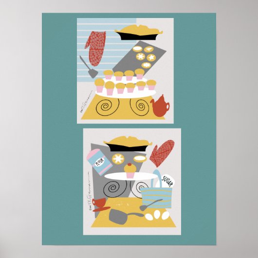 'I bake' 2 retro illustraties Afdrukken Poster (Voorkant)