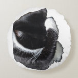 I Can't Even Right Meow Rond Kussen<br><div class="desc">Introducing Binx... This humorous image features a black-and-white tuxedo cat curled up with one paw dramatically covering his face, as if he has completely given up on the day. With his head tucked down and eyes hidden, the cat looks adorably fed up—like he just heard the most ridiculous thing imaginable...</div>