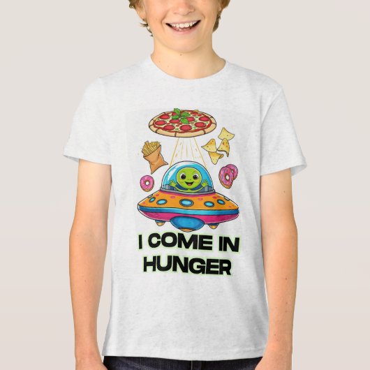 I Come in Hunger – Funny Alien Foodie Design Tri-Blend Shirt (Voorkant)