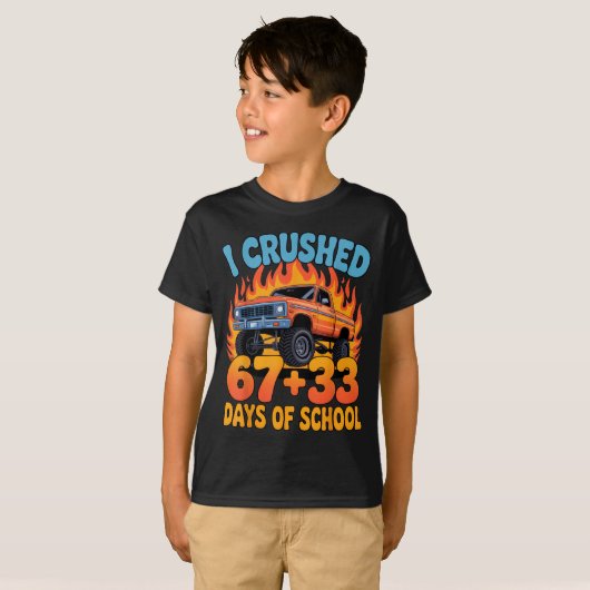 I Crushed 67+33 Days Of School Kids Monster Truck T-shirt (Voorkant volledig)