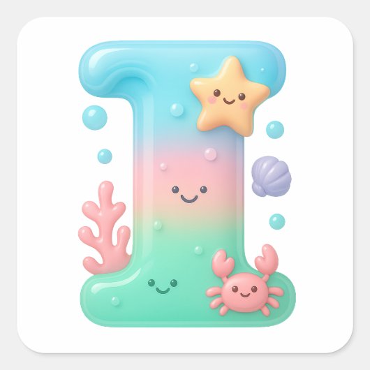 "I" Cute Letter - Underwater Sea Creature Vierkante Sticker (Voorkant)