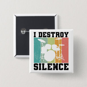 I Destroy Silence Distress Drummer Retro Vierkante Button 5,1 Cm
