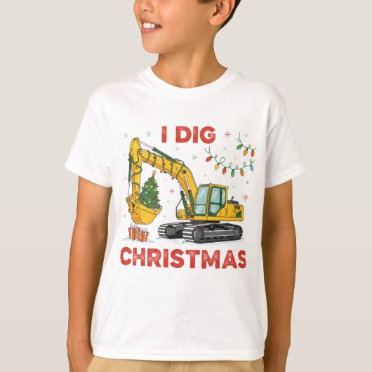 I Dig Christmas Cute Excavator Tree Lights Kids T-shirt (Voorkant)