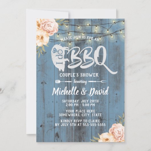 I DO BBQ Couples Shower Rustic Dusty Blue Floral Kaart (Voorkant)