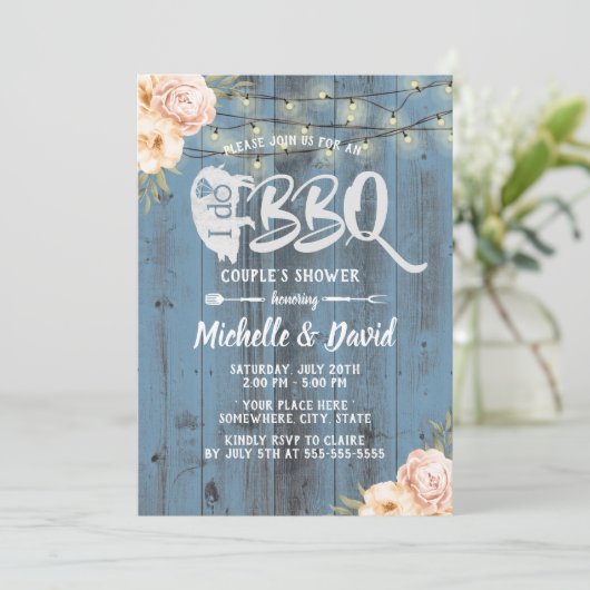 I DO BBQ Couples Shower Rustic Dusty Blue Floral Kaart (Staand voorkant)
