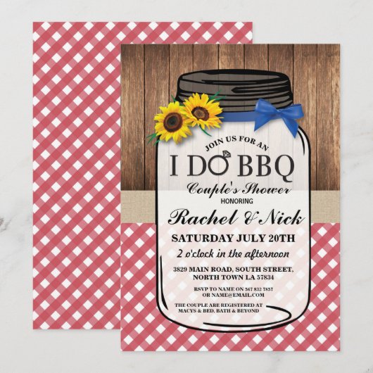 I DO BBQ Couples Sunflower Shower Jar Red Chalk Kaart (Voorkant / Achterkant)