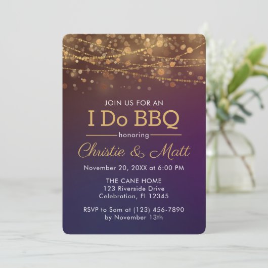 I DO BBQ Dusk Bokeh Engagement Party Kaart (Staand voorkant)