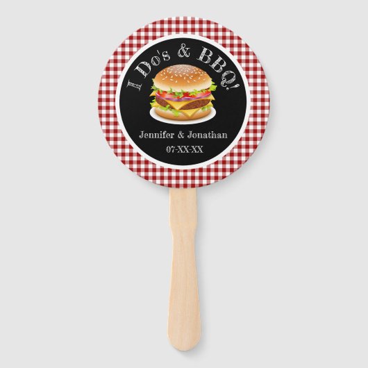 I Do BBQ en Red Gingham Hamburger Casual bruiloft Handwaaier (Voorkant)