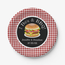 I Do BBQ en Red Gingham Hamburger Casual bruiloft Papieren Bordje