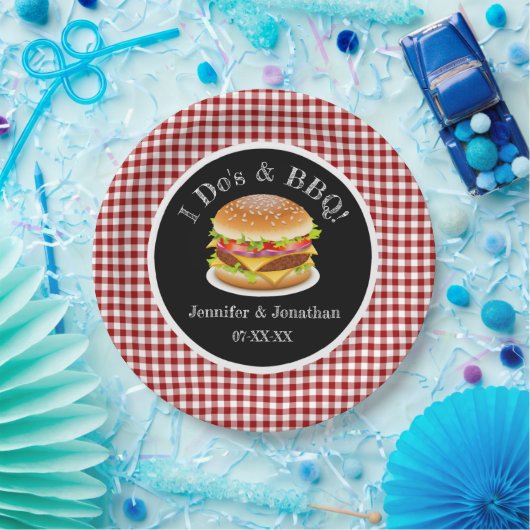 I Do BBQ en Red Gingham Hamburger Casual bruiloft Papieren Bordje (Feest)