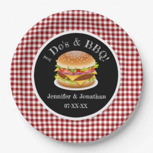 I Do BBQ en Red Gingham Hamburger Casual bruiloft Papieren Bordje