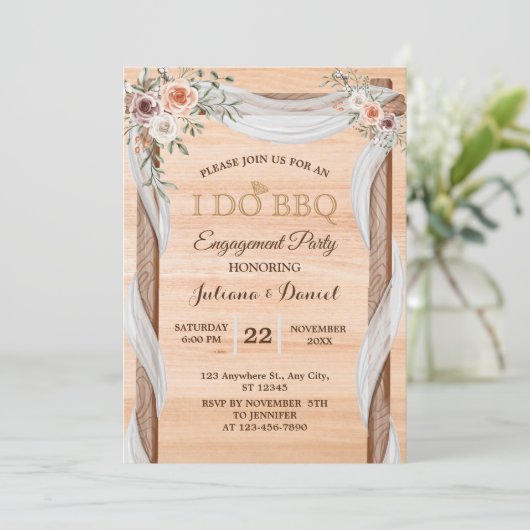 I DO BBQ Engagement Party Modern Hout Bloemen Kaart (Staand voorkant)