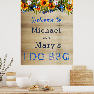 I DO BBQ Floral Wood Monogram Verloving Welkom Poster