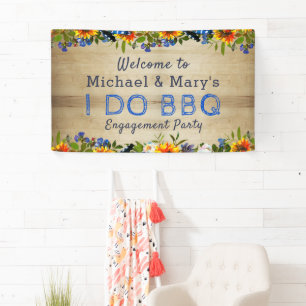I DO BBQ Floral Wood Monogram Verloving Welkom Spandoek