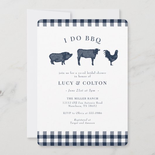 I Do BBQ  Navy Gingham Vrijgezellenfeest Kaart (Voorkant)