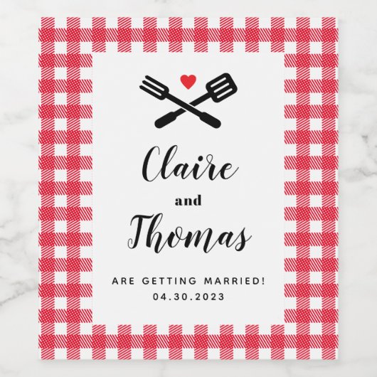 I Do BBQ Red Picnic Couples Name Wijn Etiket (Enkel label)