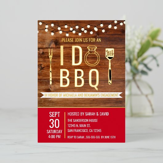 I Do BBQ Rustic Engagement Party Couples Shower Folie Uitnodiging (Staand Voorkant)
