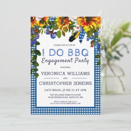 I DO BBQ Rustic Floral Blue Pset Engagement Party Kaart (Staand voorkant)