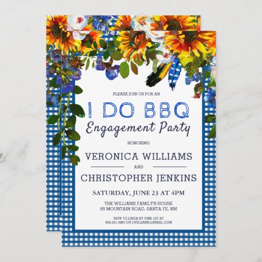 I DO BBQ Rustic Floral Blue Pset Engagement Party Kaart (Voorkant / Achterkant)