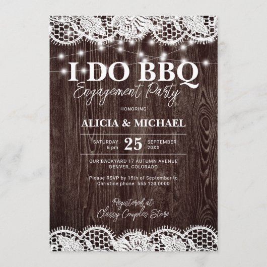 I DO BBQ rustic wood lace engagement party Kaart (Voorkant)
