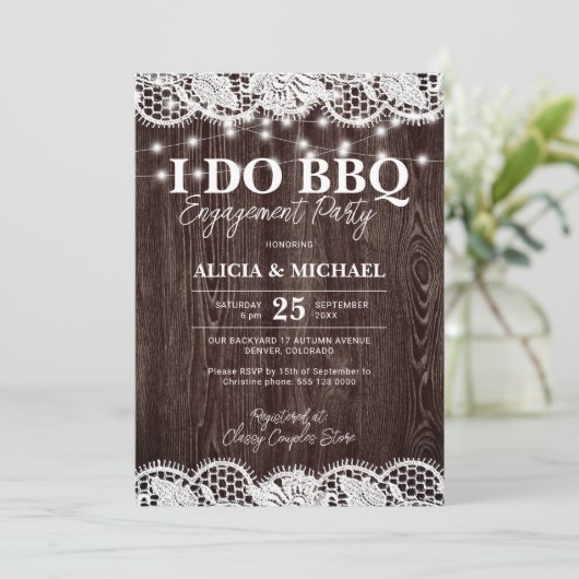 I DO BBQ rustic wood lace engagement party Kaart (Staand voorkant)